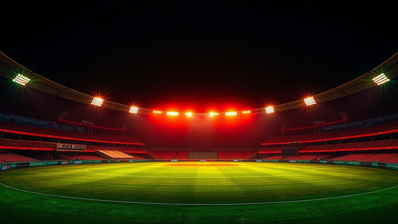 Cricket stadium at night with floodlights